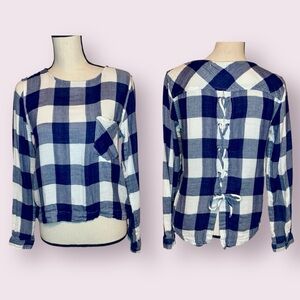 Cloth & Stone Buffalo Plaid Soft Top Lace Up Back Blue & White Size Small